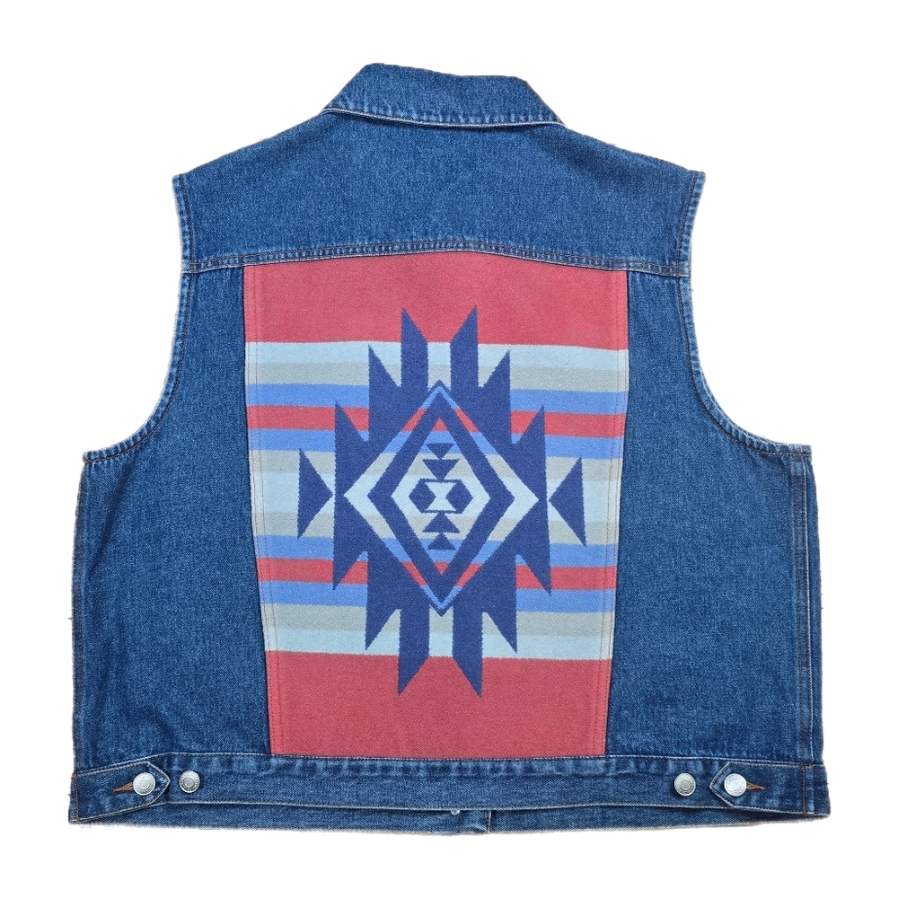 PENDLETON Denim Wool Vest AZTEC Navajo Blanket Jacket Vtg Western Womens XL